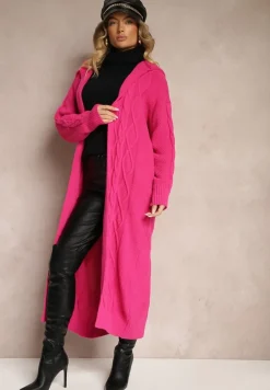 Fuksjowy Długi Kardigan z Kapturem i Wzorzystym Tłoczeniem Bez Zapięć Zintriya