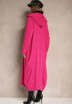 Fuksjowy Długi Kardigan z Kapturem i Wzorzystym Tłoczeniem Bez Zapięć Zintriya