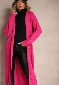 Fuksjowy Długi Kardigan z Kapturem i Wzorzystym Tłoczeniem Bez Zapięć Zintriya