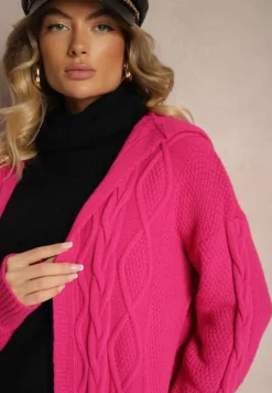 Fuksjowy Długi Kardigan z Kapturem i Wzorzystym Tłoczeniem Bez Zapięć Zintriya