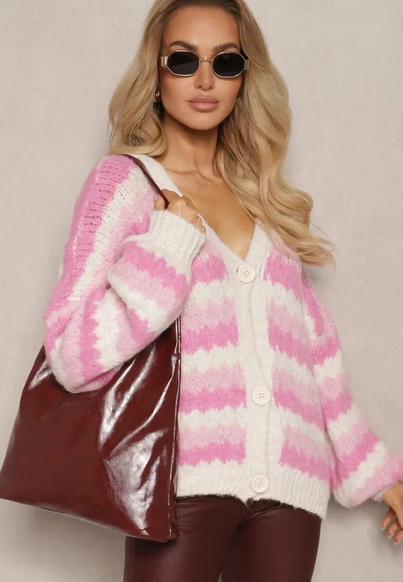 Fuksjowy Kardigan na Guziki Ozdobiony Paskami Nevessa
