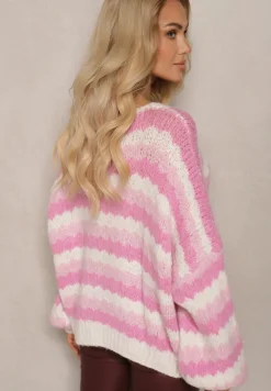 Fuksjowy Kardigan na Guziki Ozdobiony Paskami Nevessa