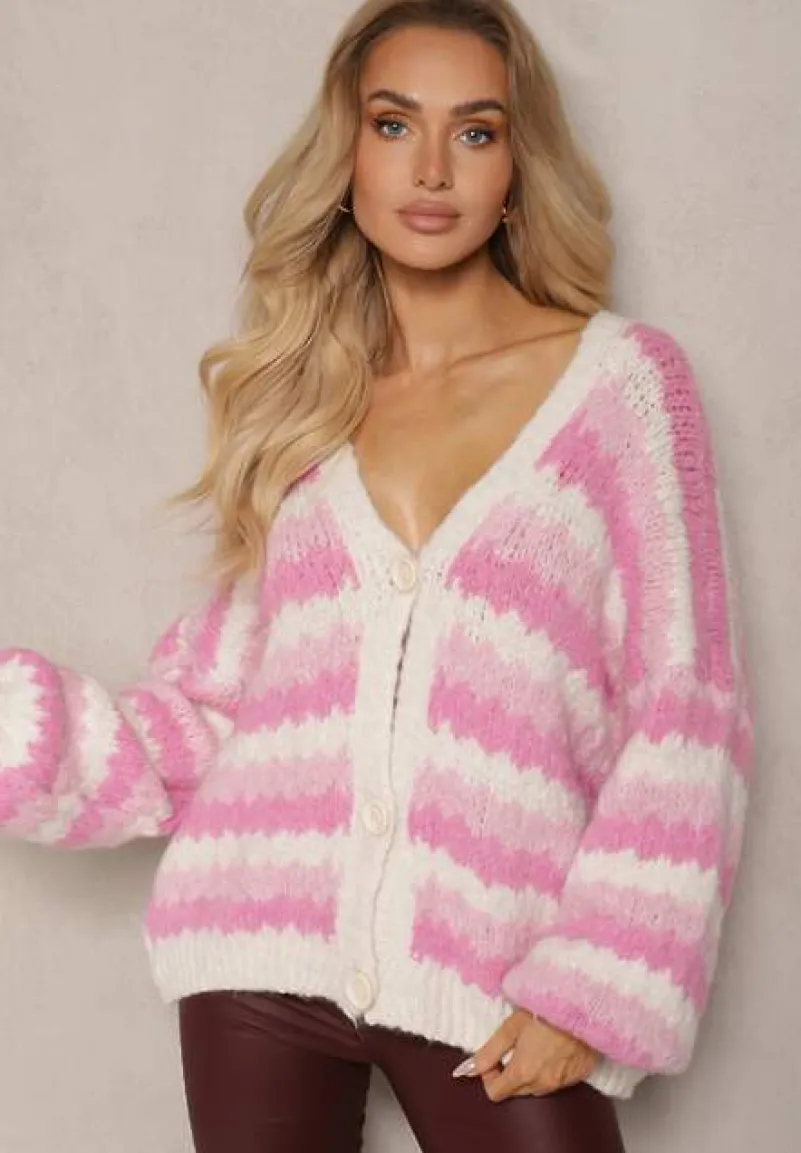 Fuksjowy Kardigan na Guziki Ozdobiony Paskami Nevessa