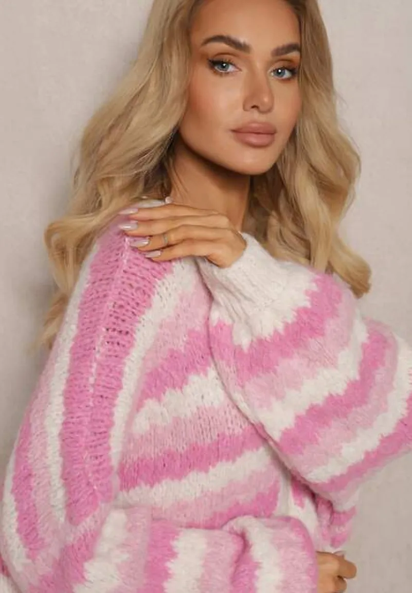 Fuksjowy Kardigan na Guziki Ozdobiony Paskami Nevessa