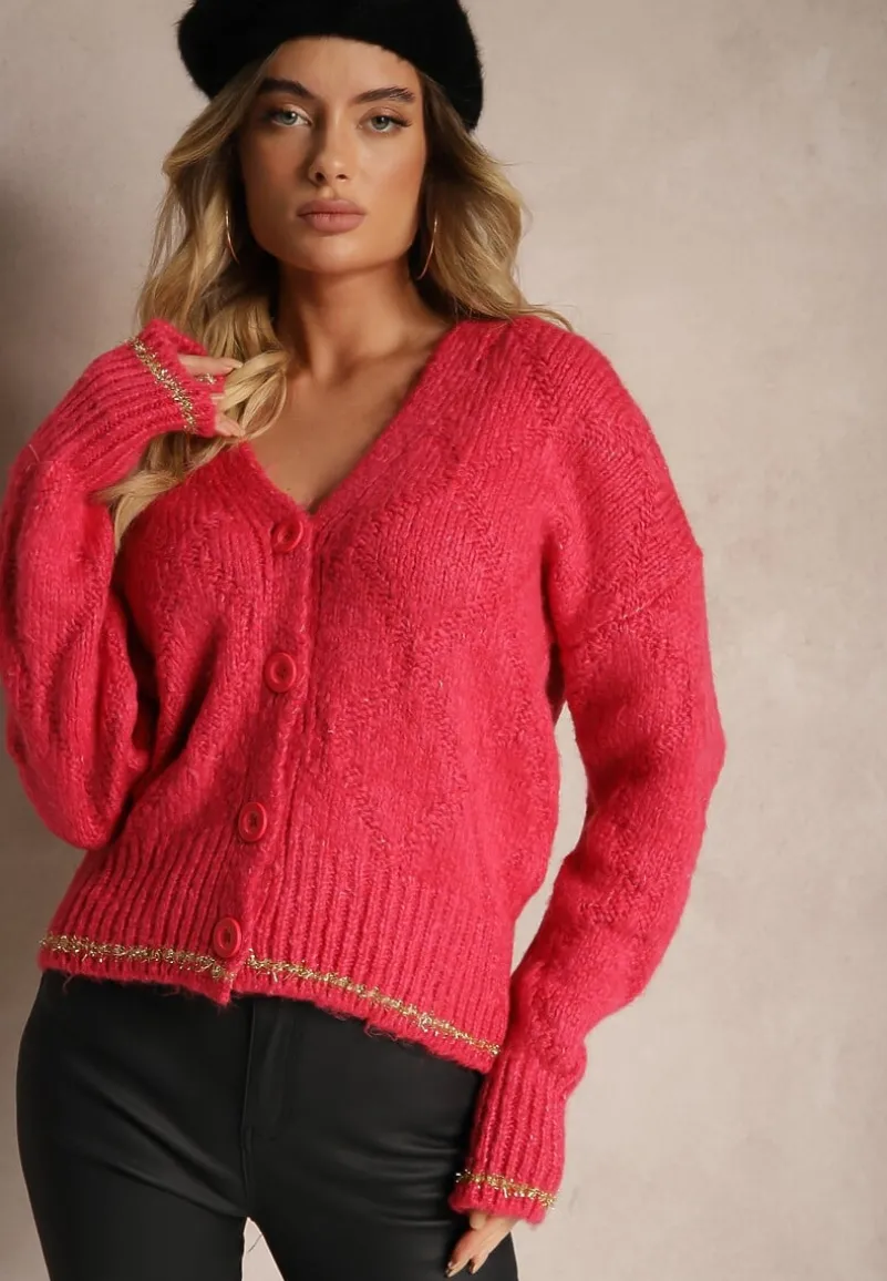 Fuksjowy Kardigan Przeszyty Metaliczną Nicią Vorttisa