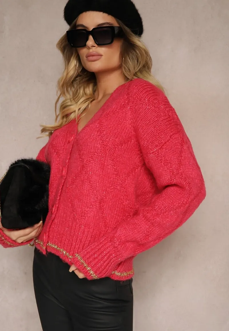 Fuksjowy Kardigan Przeszyty Metaliczną Nicią Vorttisa