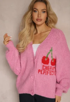 Fuksjowy Kardigan z Domieszką Wełny z Napisem i Wiśnią Benana