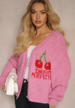 Fuksjowy Kardigan z Domieszką Wełny z Napisem i Wiśnią Benana