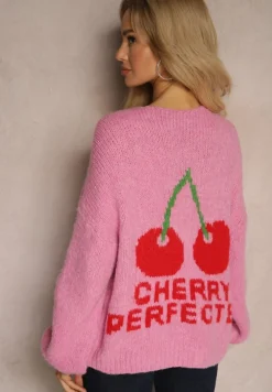 Fuksjowy Kardigan z Domieszką Wełny z Napisem i Wiśnią Benana