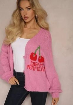 Fuksjowy Kardigan z Domieszką Wełny z Napisem i Wiśnią Benana