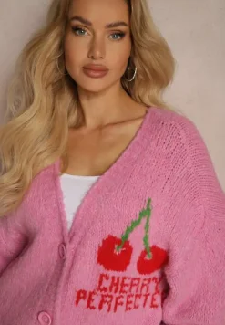 Fuksjowy Kardigan z Domieszką Wełny z Napisem i Wiśnią Benana