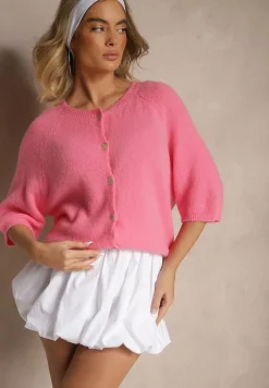 Fuksjowy Kardigan z Rękawem 3/4 z Dodatkiem Wełny Iffarisse