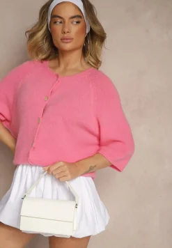 Fuksjowy Kardigan z Rękawem 3/4 z Dodatkiem Wełny Iffarisse