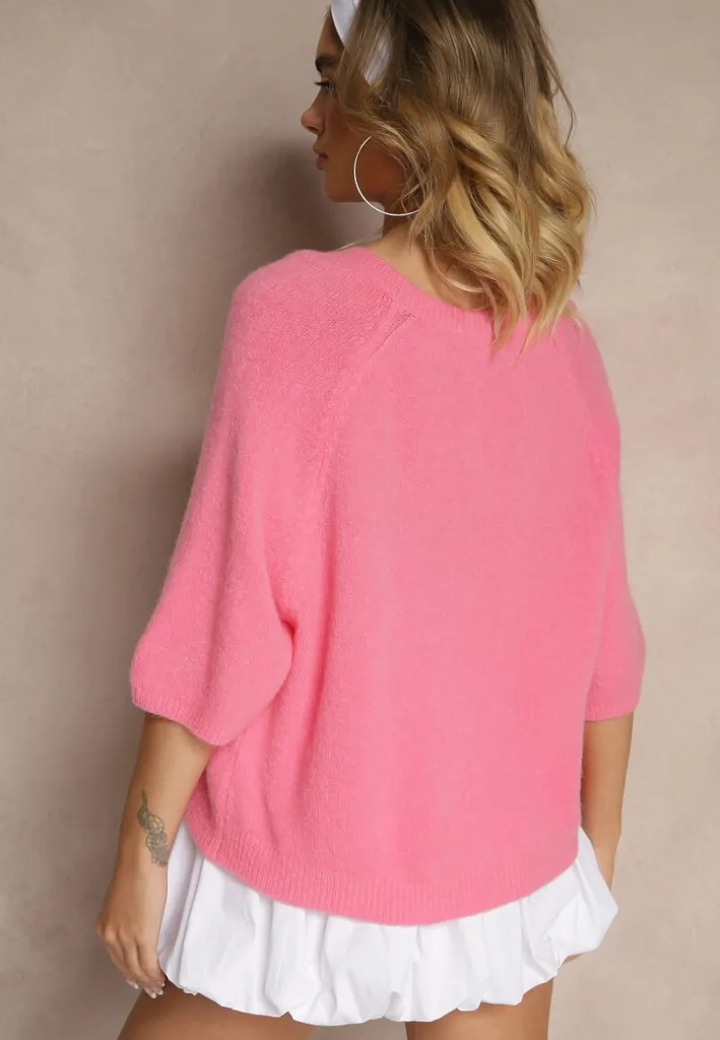 Fuksjowy Kardigan z Rękawem 3/4 z Dodatkiem Wełny Iffarisse