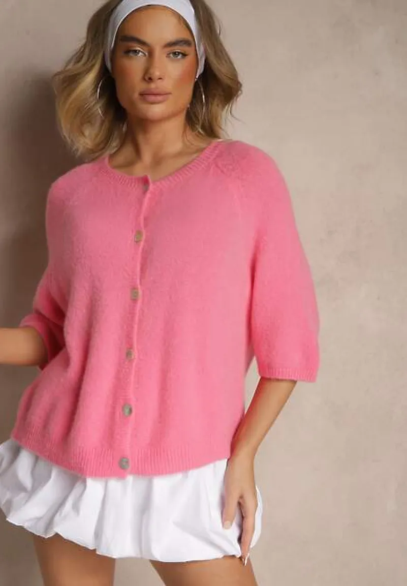 Fuksjowy Kardigan z Rękawem 3/4 z Dodatkiem Wełny Iffarisse