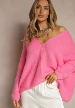 Fuksjowy Kardigan z Wełną i Moherem o Klasycznym Kroju z Dekoltem w Serek Avelmio