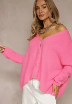 Fuksjowy Kardigan z Wełną i Moherem o Klasycznym Kroju z Dekoltem w Serek Avelmio