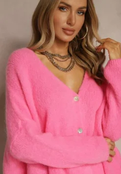 Fuksjowy Kardigan z Wełną i Moherem o Klasycznym Kroju z Dekoltem w Serek Avelmio