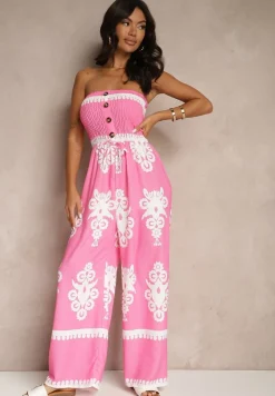 Fuksjowy Kombinezon Bandeau Ozdobiony Ornamentnym Motywem i Guzikami Liravessa