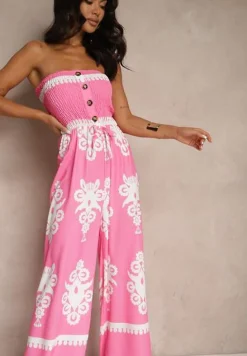 Fuksjowy Kombinezon Bandeau Ozdobiony Ornamentnym Motywem i Guzikami Liravessa