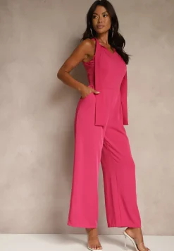 Fuksjowy Kombinezon Wide Leg z Ozdobnym Wiązaniem przy Szyi Silelia