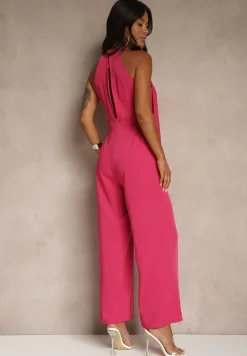 Fuksjowy Kombinezon Wide Leg z Ozdobnym Wiązaniem przy Szyi Silelia