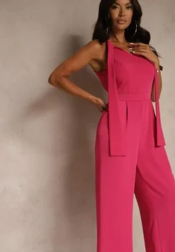 Fuksjowy Kombinezon Wide Leg z Ozdobnym Wiązaniem przy Szyi Silelia