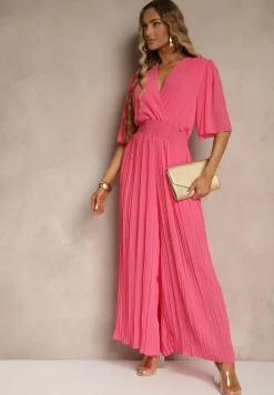 Fuksjowy Kombinezon z Kopertowym Dekoltem i Gumką w Pasie Zdobiony Plisami Amadle