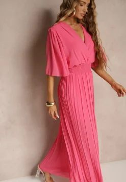 Fuksjowy Kombinezon z Kopertowym Dekoltem i Gumką w Pasie Zdobiony Plisami Amadle