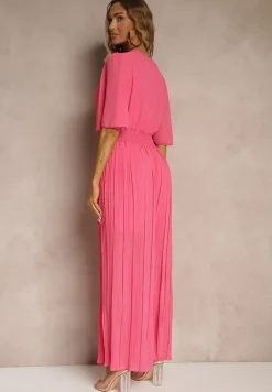 Fuksjowy Kombinezon z Kopertowym Dekoltem i Gumką w Pasie Zdobiony Plisami Amadle