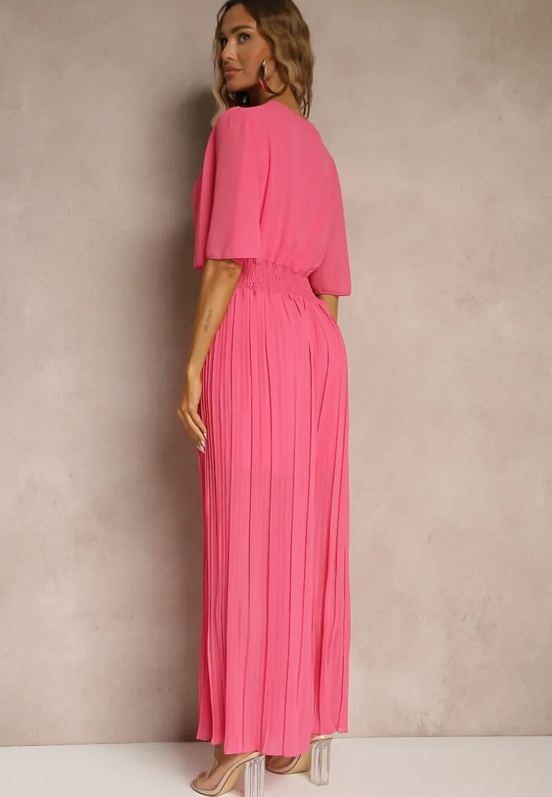 Fuksjowy Kombinezon z Kopertowym Dekoltem i Gumką w Pasie Zdobiony Plisami Amadle