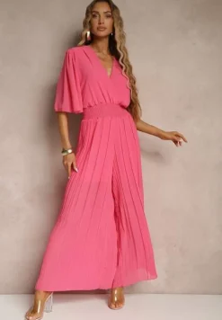 Fuksjowy Kombinezon z Kopertowym Dekoltem i Gumką w Pasie Zdobiony Plisami Amadle