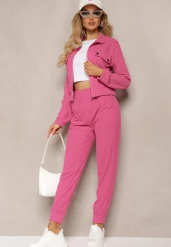 Fuksjowy Komplet Dresowy w Prążki Bluza Kurtka Rozpinana z Kołnierzykiem i Spodnie Lisulla