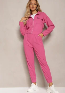 Fuksjowy Komplet Dresowy w Prążki Bluza Kurtka Rozpinana z Kołnierzykiem i Spodnie Lisulla