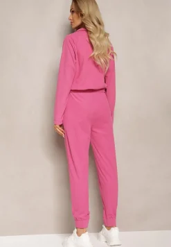 Fuksjowy Komplet Dresowy w Prążki Bluza Kurtka Rozpinana z Kołnierzykiem i Spodnie Lisulla