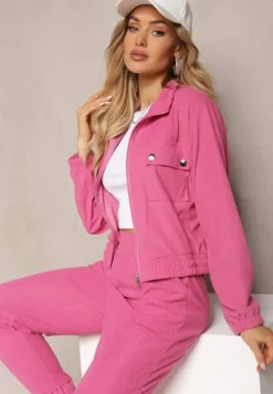 Fuksjowy Komplet Dresowy w Prążki Bluza Kurtka Rozpinana z Kołnierzykiem i Spodnie Lisulla