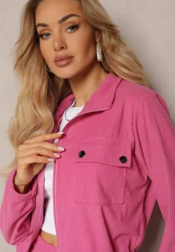 Fuksjowy Komplet Dresowy w Prążki Bluza Kurtka Rozpinana z Kołnierzykiem i Spodnie Lisulla