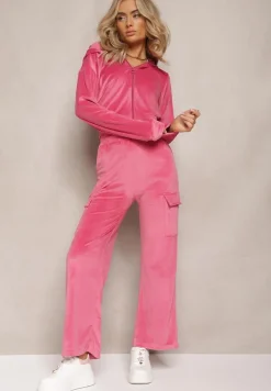 Fuksjowy Komplet Dresowy z Welurowej Dzianiny z Bluzą i Szerokimi Spodiami Arpile