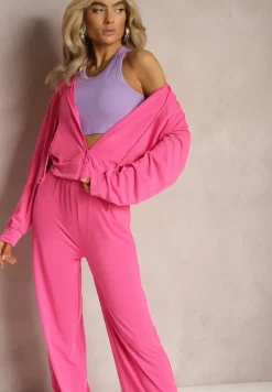 Fuksjowy Komplet Dresowy o Luźnym Kroju Bluza na Suwak z Kapturem i Spodnie Szerokie Ezorila