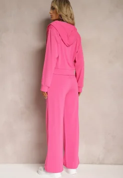 Fuksjowy Komplet Dresowy o Luźnym Kroju Bluza na Suwak z Kapturem i Spodnie Szerokie Ezorila