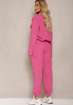 Fuksjowy Komplet Dresowy Utility Krótka Bluza z Kołnierzem i Spodnie Joggery z Kieszeniami Cargo Literria