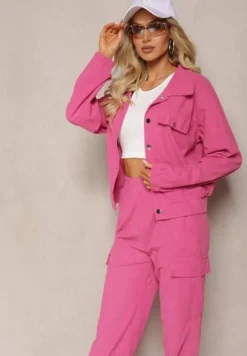 Fuksjowy Komplet Dresowy Utility Krótka Bluza z Kołnierzem i Spodnie Joggery z Kieszeniami Cargo Literria