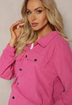 Fuksjowy Komplet Dresowy Utility Krótka Bluza z Kołnierzem i Spodnie Joggery z Kieszeniami Cargo Literria