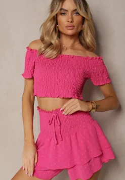 Fuksjowy Komplet Top Hiszpanka i Spódnico-Spodenki z Falbanami oraz Gumką Rinaria