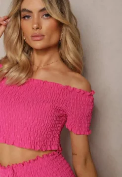 Fuksjowy Komplet Top Hiszpanka i Spódnico-Spodenki z Falbanami oraz Gumką Rinaria