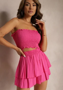 Fuksjowy Komplet z Bawełny Elastyczny Top bez Rękawów Szorty z Falbankami i Gumką w Pasie Tessabel