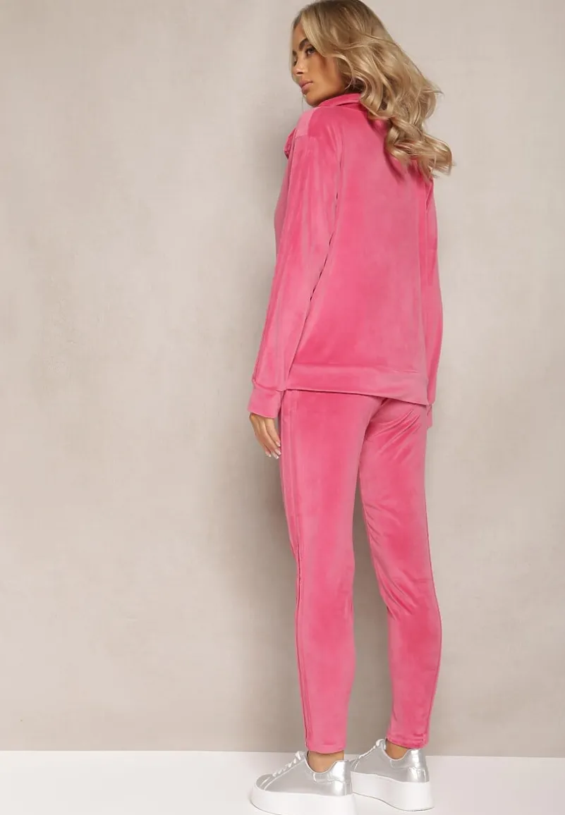 Fuksjowy Komplet z Weluru Bluza i Spodnie Dresowe z Lampasami Blivia