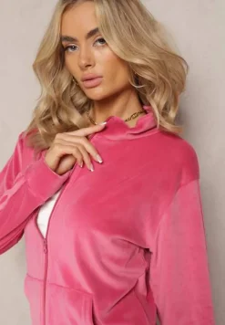 Fuksjowy Komplet z Weluru Bluza i Spodnie Dresowe z Lampasami Blivia