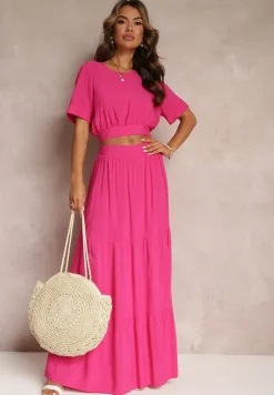 Fuksjowy Komplet z Wiskozy 2-Częściowy Top i Spódnica z Falbankami Jakki