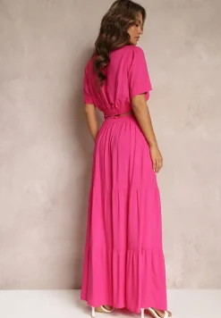 Fuksjowy Komplet z Wiskozy 2-Częściowy Top i Spódnica z Falbankami Jakki